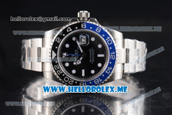 Rolex GMT-Master II Clone Rolex 3186 Automatic Stainless Steel Case/Bracelet with Black Dial and Dot Markers Black/Blue Bezel (BP) - Click Image to Close